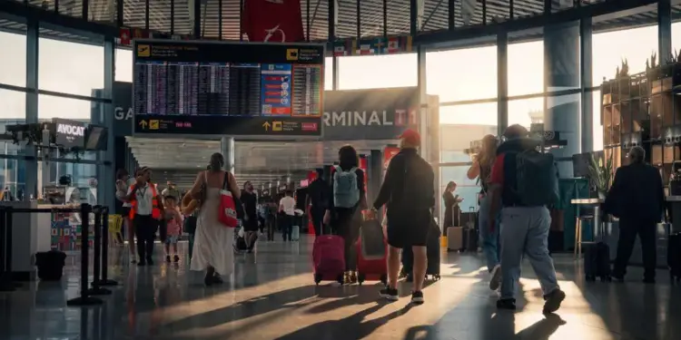 Personas caminando con equipaje en la amplia y luminosa terminal de un aeropuerto bajo pantallas de información de vuelos.