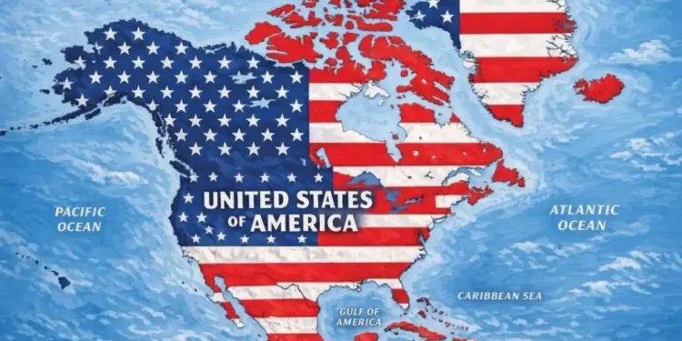 Mapa geográfico de Norteamérica ilustrado con el diseño de la bandera y las estrellas de Estados Unidos sobre un fondo de océano.