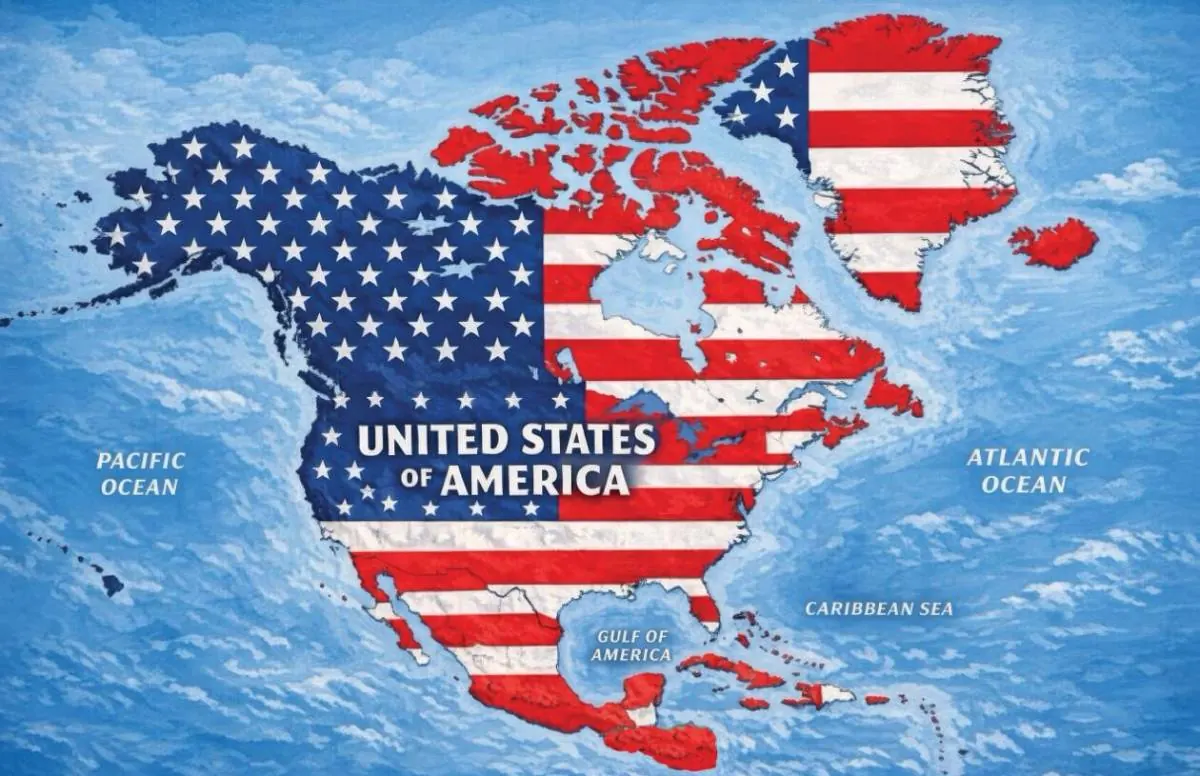 Mapa geográfico de Norteamérica ilustrado con el diseño de la bandera y las estrellas de Estados Unidos sobre un fondo de océano.
