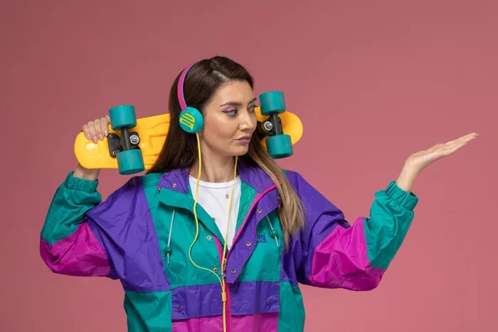 Mujer joven con chaqueta colorida (morado, turquesa, fucsia), auriculares rosas y turquesas, y patineta amarilla con ruedas turquesas al hombro. Fondo rosa.