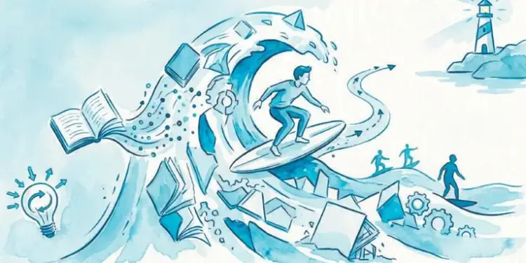 Ilustración en tonos azules de una persona haciendo surf sobre una ola gigante formada por libros y elementos académicos.