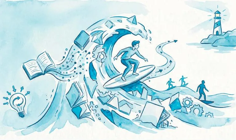 Ilustración en tonos azules de una persona haciendo surf sobre una ola gigante formada por libros y elementos académicos.