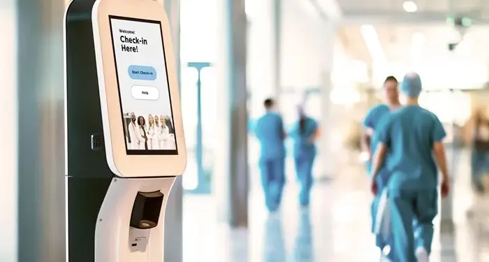 Quiosco digital de autoservicio con pantalla táctil ubicado en el pasillo de un centro médico u hospital.