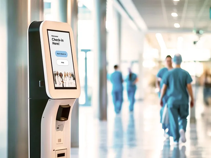 Quiosco digital de autoservicio con pantalla táctil ubicado en el pasillo de un centro médico u hospital.