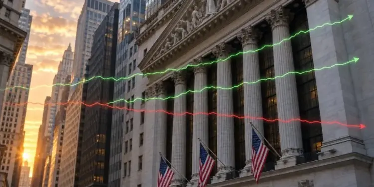 Fachada de un edificio financiero clásico con columnas, banderas estadounidenses y gráficos bursátiles superpuestos.