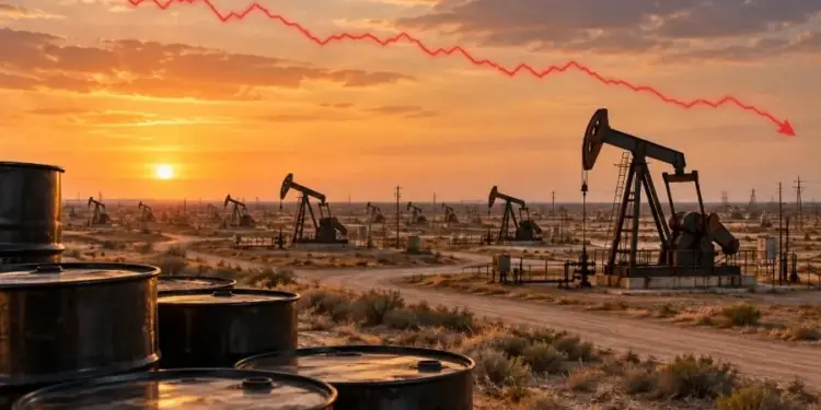 Campos petroleros con balancines de extracción al atardecer y una línea gráfica roja descendente.
