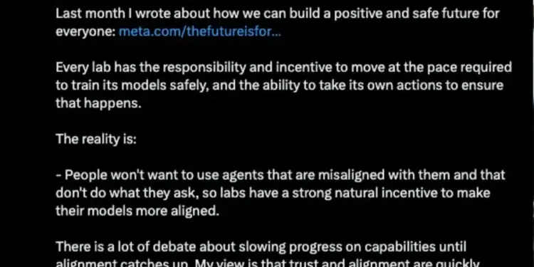 Publicación de Mark Zuckerberg en red social. Texto blanco sobre fondo oscuro discute seguridad, confianza y alineación en modelos de IA. Se ve su foto de perfil.