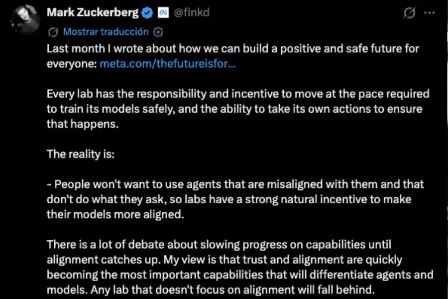 Publicación de Mark Zuckerberg en red social. Texto blanco sobre fondo oscuro discute seguridad, confianza y alineación en modelos de IA. Se ve su foto de perfil.