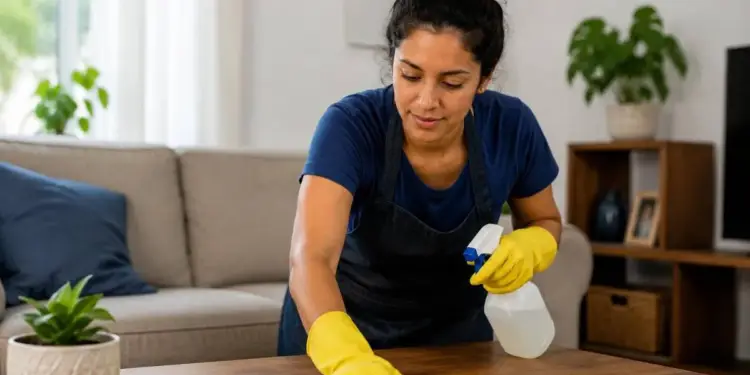 Mujer con guantes amarillos y delantal limpiando una mesa de madera con un paño y atomizador en una sala.