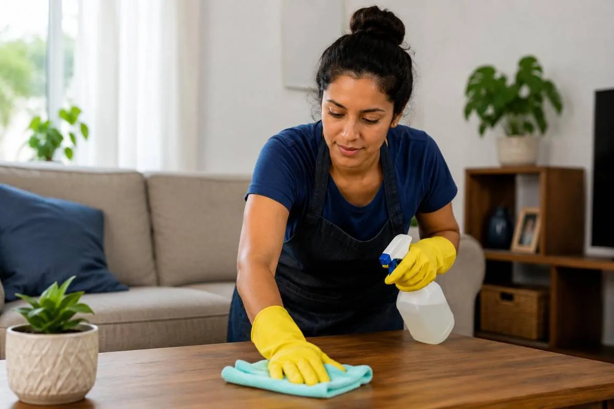Mujer con guantes amarillos y delantal limpiando una mesa de madera con un paño y atomizador en una sala.