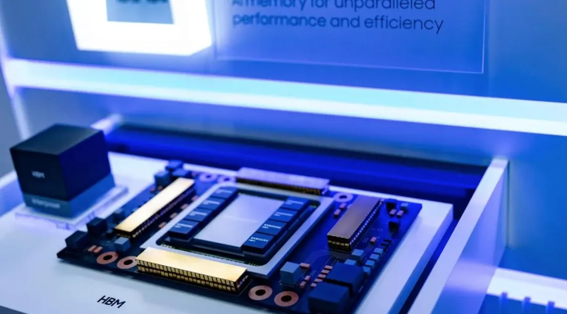Primer plano de un módulo de memoria HBM (High Bandwidth Memory) sobre una placa de circuito, destacando su diseño avanzado y componentes dorados.