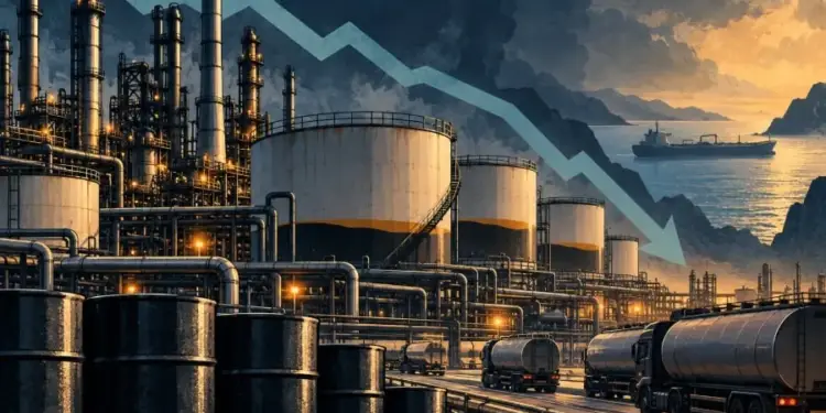 Refinería de petróleo con tanques de almacenamiento, barriles y camiones cisterna, bajo una flecha descendente que simboliza la caída de precios o producción.