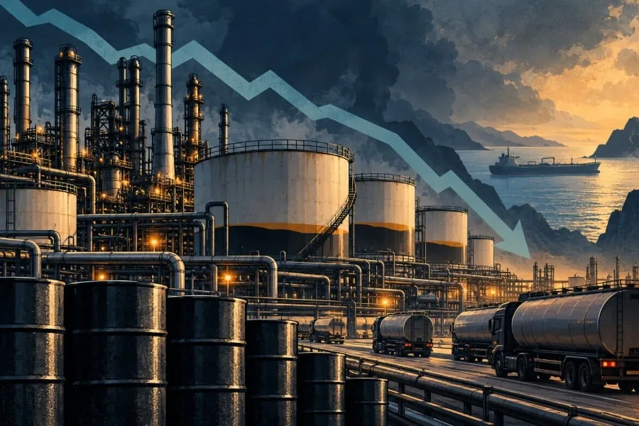 Refinería de petróleo con tanques de almacenamiento, barriles y camiones cisterna, bajo una flecha descendente que simboliza la caída de precios o producción.