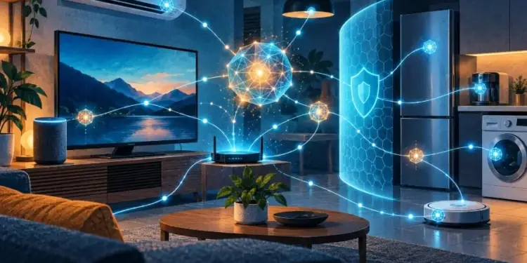 Sala de estar moderna con dispositivos inteligentes conectados mediante líneas de luz azul y un escudo de seguridad digital.