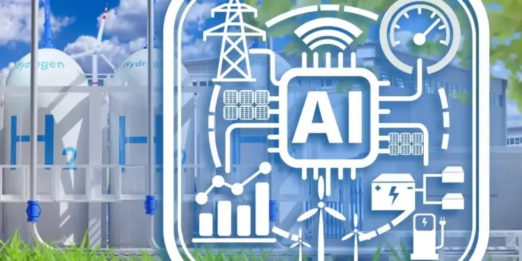 Infografía digital con iconos de IA, torres eléctricas, aerogeneradores y tanques de hidrógeno en una planta industrial.
