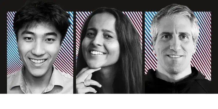 Retratos en blanco y negro de tres profesionales diversos sonriendo frente a fondos con líneas diagonales.