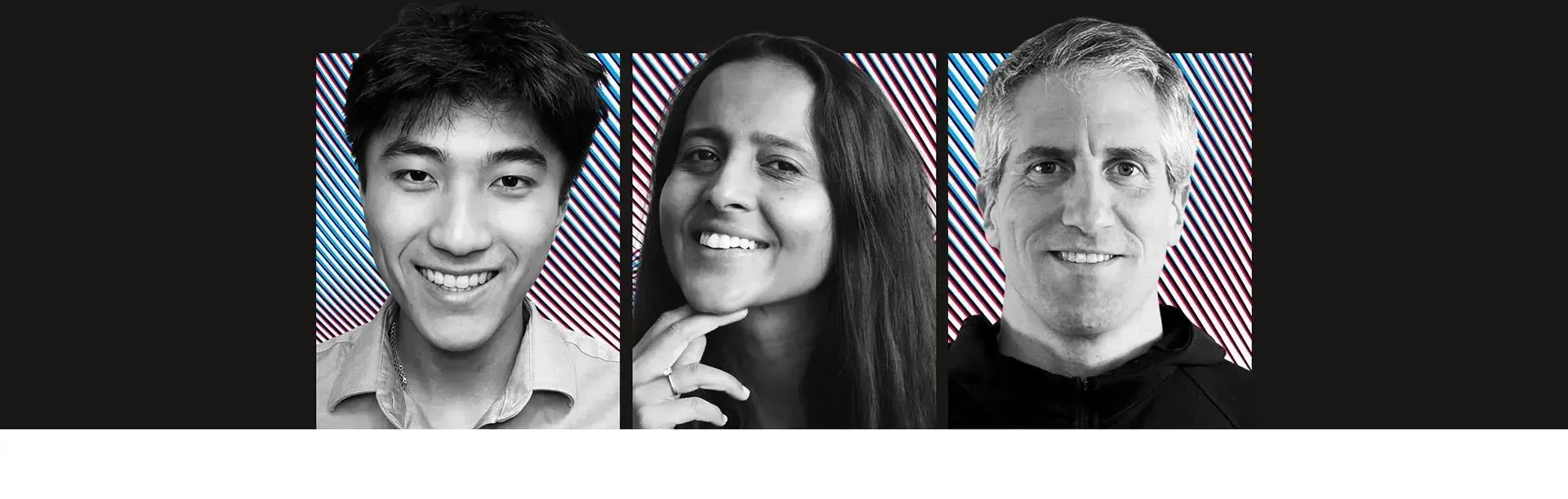 Retratos en blanco y negro de tres profesionales diversos sonriendo frente a fondos con líneas diagonales.