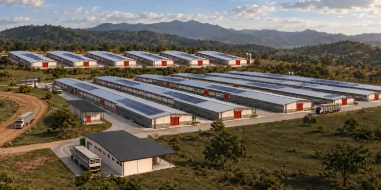 Vista aérea de un gran complejo agroindustrial con múltiples naves industriales y camiones en zona montañosa.