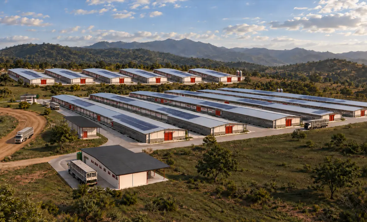 Vista aérea de un gran complejo agroindustrial con múltiples naves industriales y camiones en zona montañosa.