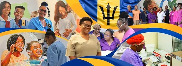 Collage que muestra a profesionales de la salud, trabajadores y la bandera de Barbados en diversos entornos laborales.