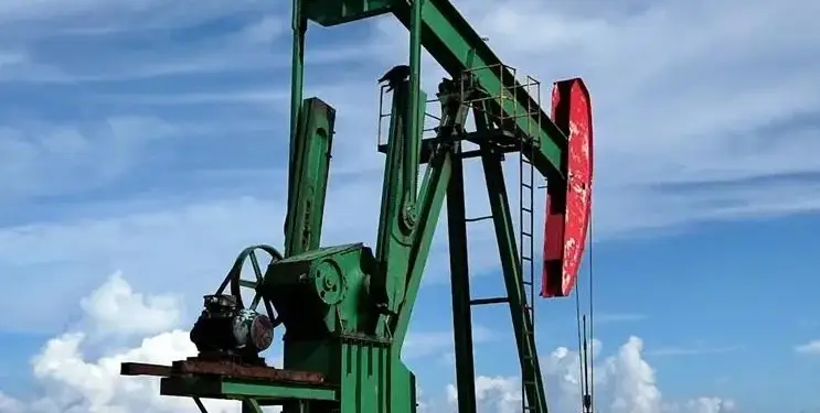 Un balancín de extracción de petróleo verde con un contrapeso rojo, operando en un campo con vegetación y el mar al fondo bajo un cielo azul.