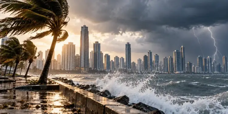 Rascacielos urbanos junto al mar bajo un cielo tormentoso con rayos, palmeras y olas rompiendo en el malecón.