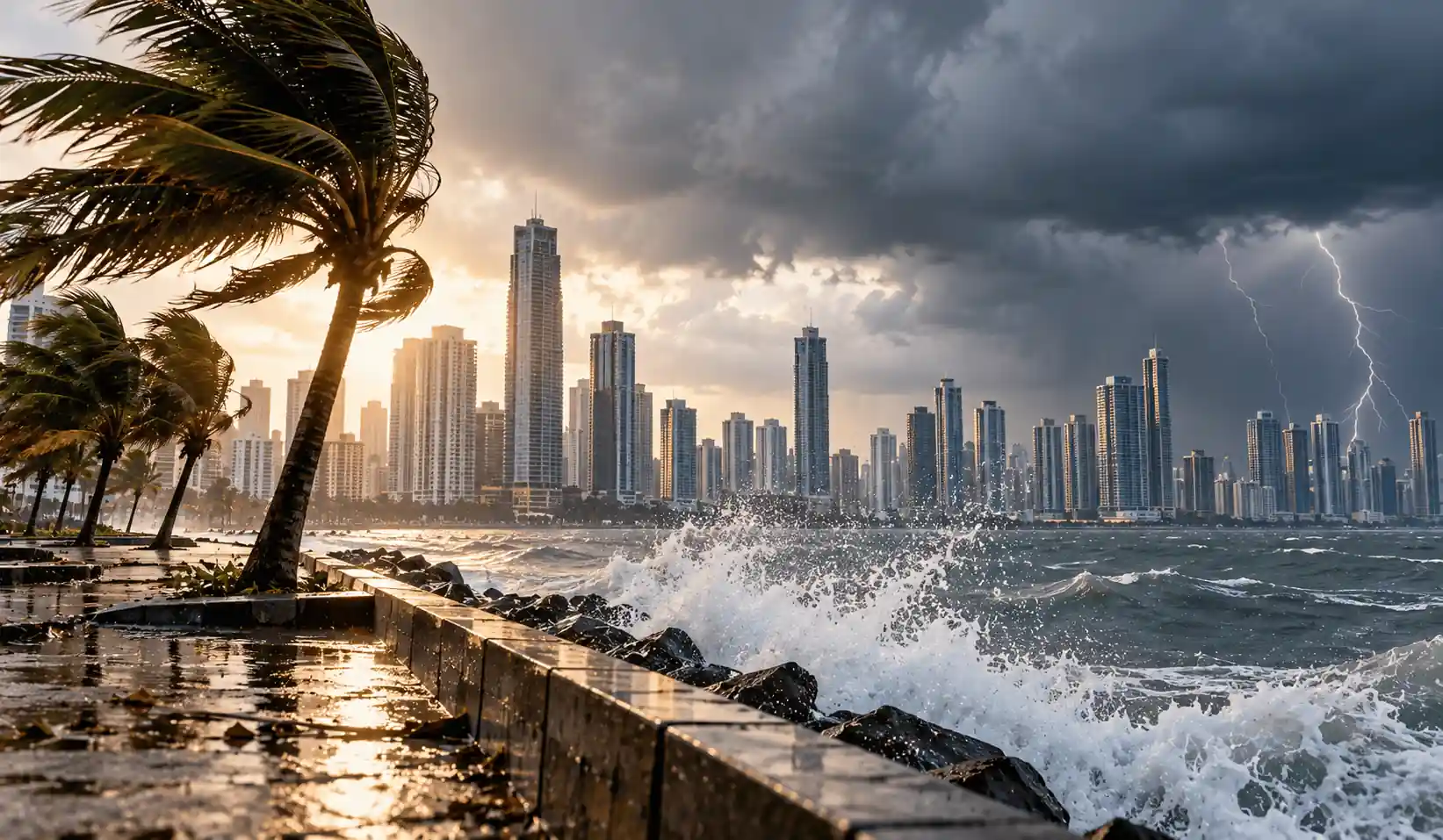 Rascacielos urbanos junto al mar bajo un cielo tormentoso con rayos, palmeras y olas rompiendo en el malecón.