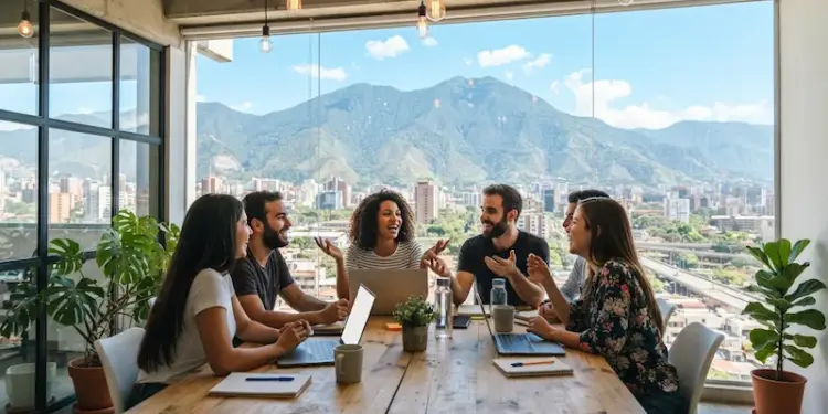 Equipo de profesionales reunidos alrededor de una mesa trabajando con portátiles frente a grandes ventanales.