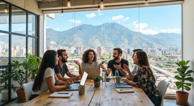 Equipo de profesionales reunidos alrededor de una mesa trabajando con portátiles frente a grandes ventanales.