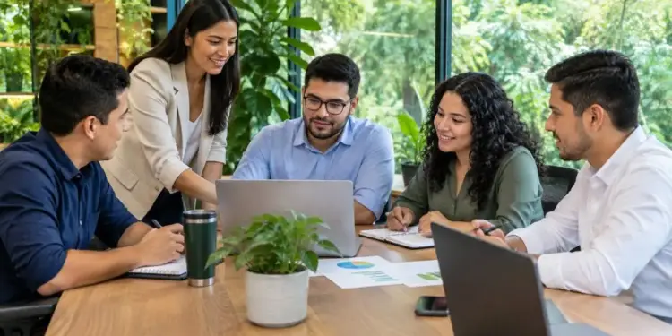 Un equipo diverso de cinco profesionales discutiendo ideas y trabajando juntos alrededor de una mesa de madera con laptops y documentos.