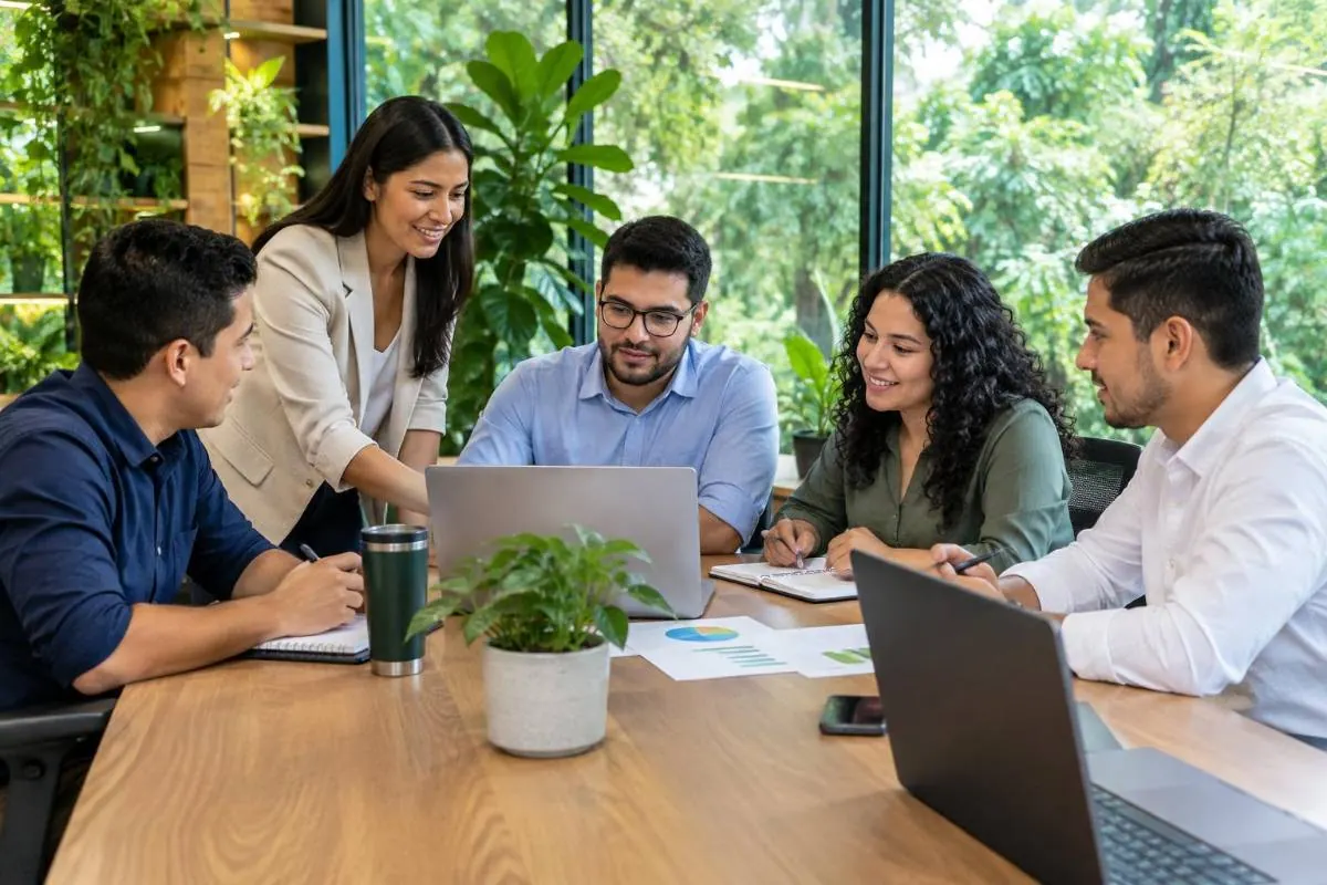 Un equipo diverso de cinco profesionales discutiendo ideas y trabajando juntos alrededor de una mesa de madera con laptops y documentos.