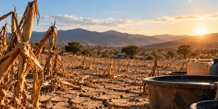 Paisaje árido con suelo agrietado, cultivos secos y recipientes de agua bajo el sol al atardecer.