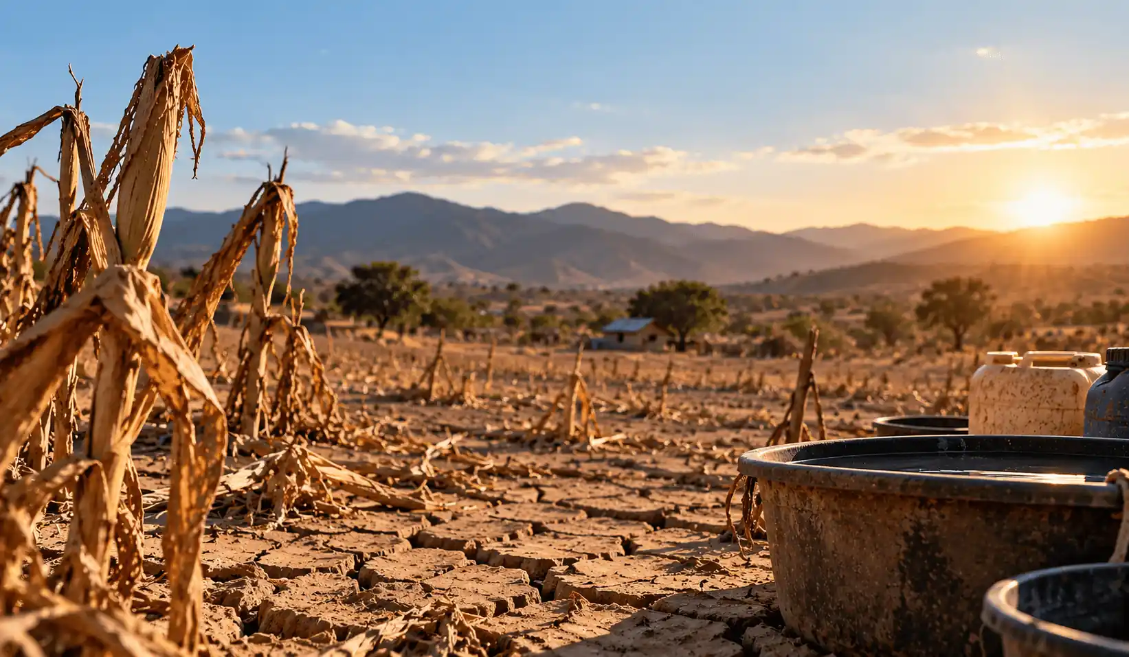 Paisaje árido con suelo agrietado, cultivos secos y recipientes de agua bajo el sol al atardecer.