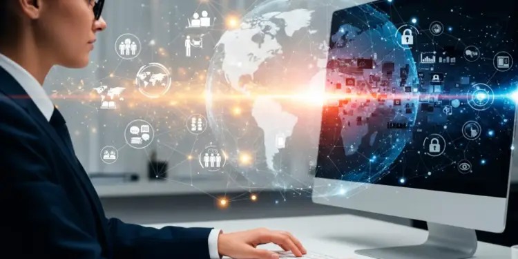 Mujer profesional con gafas trabajando en un ordenador. La pantalla muestra un globo terráqueo digital con una red de datos e iconos de negocios y seguridad.