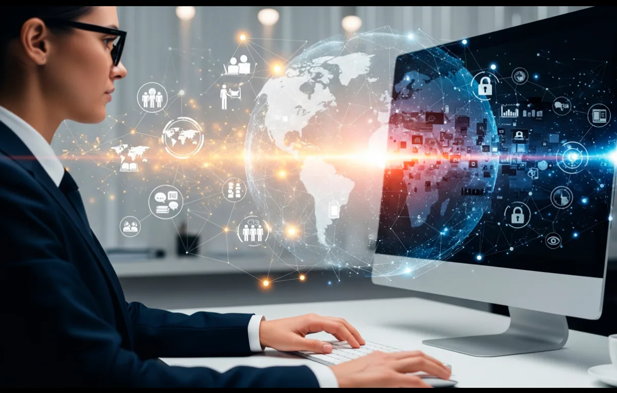 Mujer profesional con gafas trabajando en un ordenador. La pantalla muestra un globo terráqueo digital con una red de datos e iconos de negocios y seguridad.
