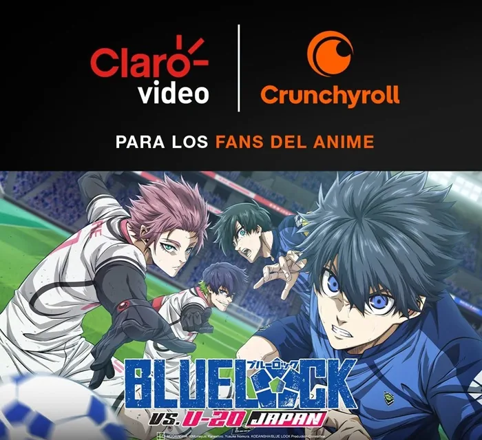 Logotipos de Claro video y Crunchyroll junto a una imagen promocional de la serie de anime Blue Lock.