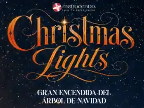 Cartel promocional con texto navideño Christmas Lights y detalles de evento sobre fondo azul estrellado.