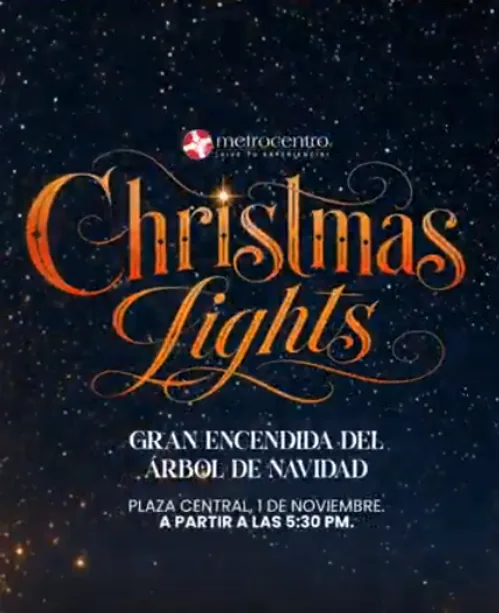 Cartel promocional con texto navideño Christmas Lights y detalles de evento sobre fondo azul estrellado.