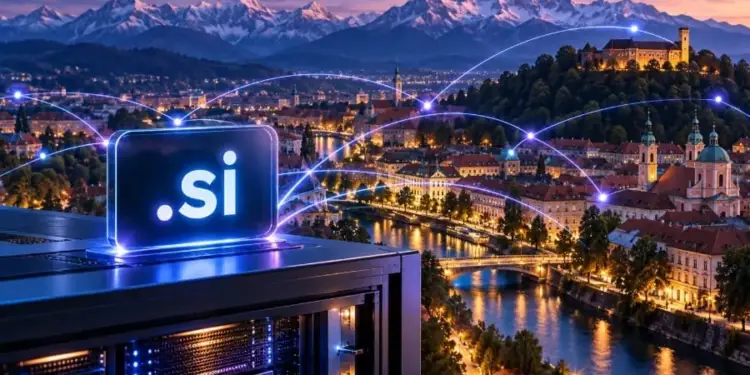 Servidor informático con el texto .si sobre una ciudad iluminada al atardecer con montañas nevadas al fondo.
