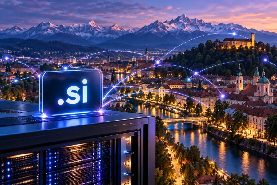 Servidor informático con el texto .si sobre una ciudad iluminada al atardecer con montañas nevadas al fondo.