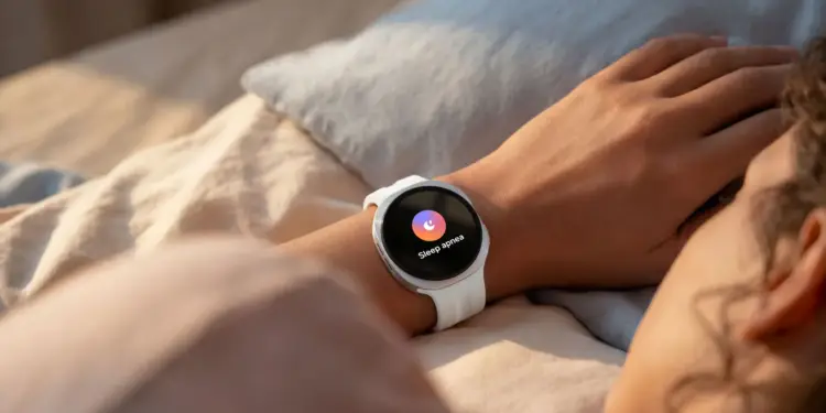 Una persona duerme con un Galaxy Watch9 blanco en la muñeca que muestra en pantalla la función de apnea del sueño