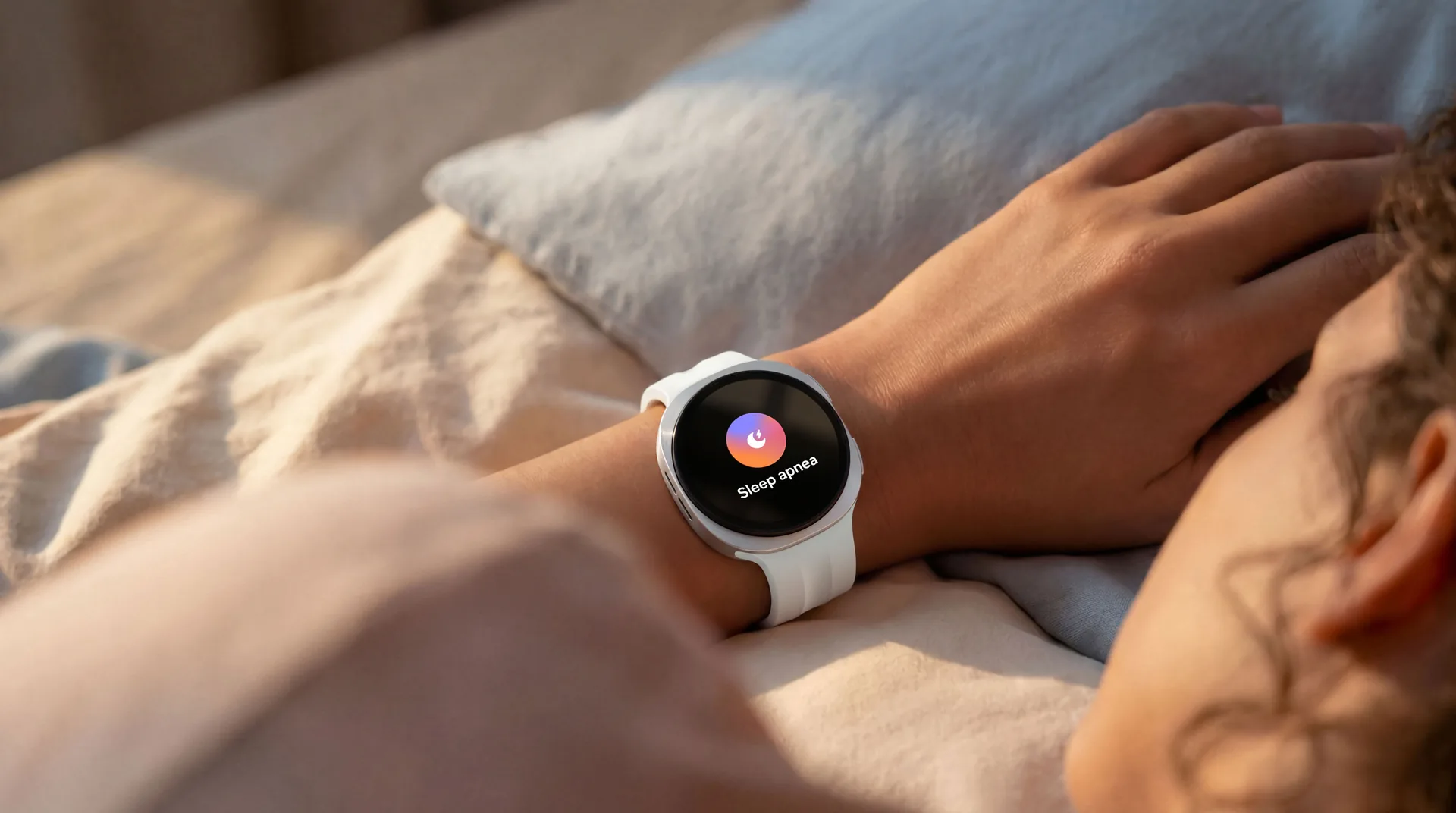 Una persona duerme con un Galaxy Watch9 blanco en la muñeca que muestra en pantalla la función de apnea del sueño