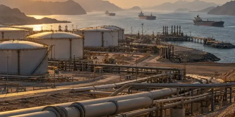 Vista panorámica de una terminal de almacenamiento de combustible con grandes tanques blancos, tuberías complejas y buques cisterna en el mar al atardecer.