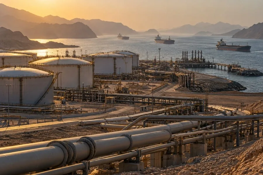 Vista panorámica de una terminal de almacenamiento de combustible con grandes tanques blancos, tuberías complejas y buques cisterna en el mar al atardecer.