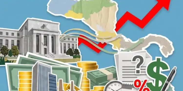 Ilustración financiera con mapa, banco, billetes, monedas, gráficos de crecimiento y símbolos de dólar, interrogación y porcentaje.