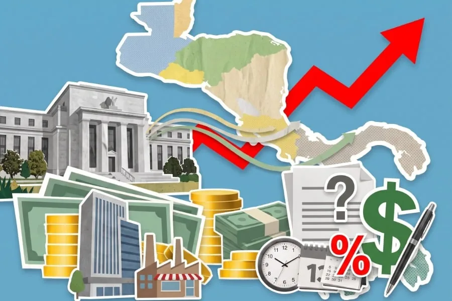 Ilustración financiera con mapa, banco, billetes, monedas, gráficos de crecimiento y símbolos de dólar, interrogación y porcentaje.