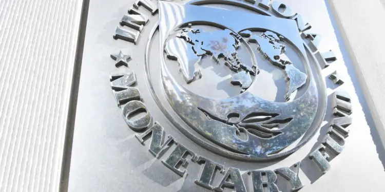 Placa metálica brillante con el relieve del logotipo del Fondo Monetario Internacional y un mapamundi en el centro.