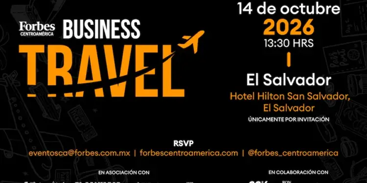 Afiche promocional de Forbes Centroamérica sobre Business Travel en El Salvador, programado para el 14 de octubre de 2026.
