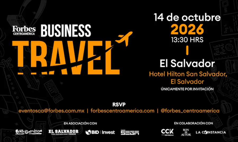 Afiche promocional de Forbes Centroamérica sobre Business Travel en El Salvador, programado para el 14 de octubre de 2026.