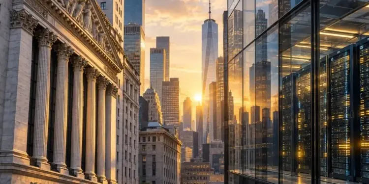 Vista urbana al atardecer combinando un edificio clásico con columnas y rascacielos junto a servidores informáticos.